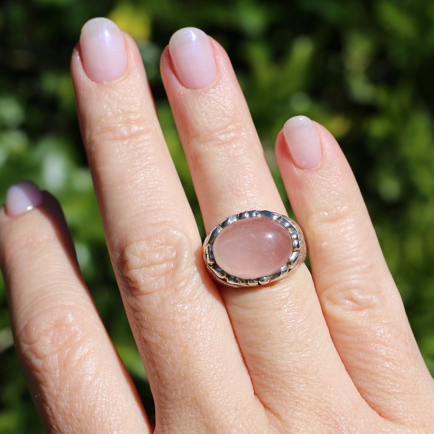 Rose Quartz Cabochon Ring, Sterling Silver, size O or 7.25