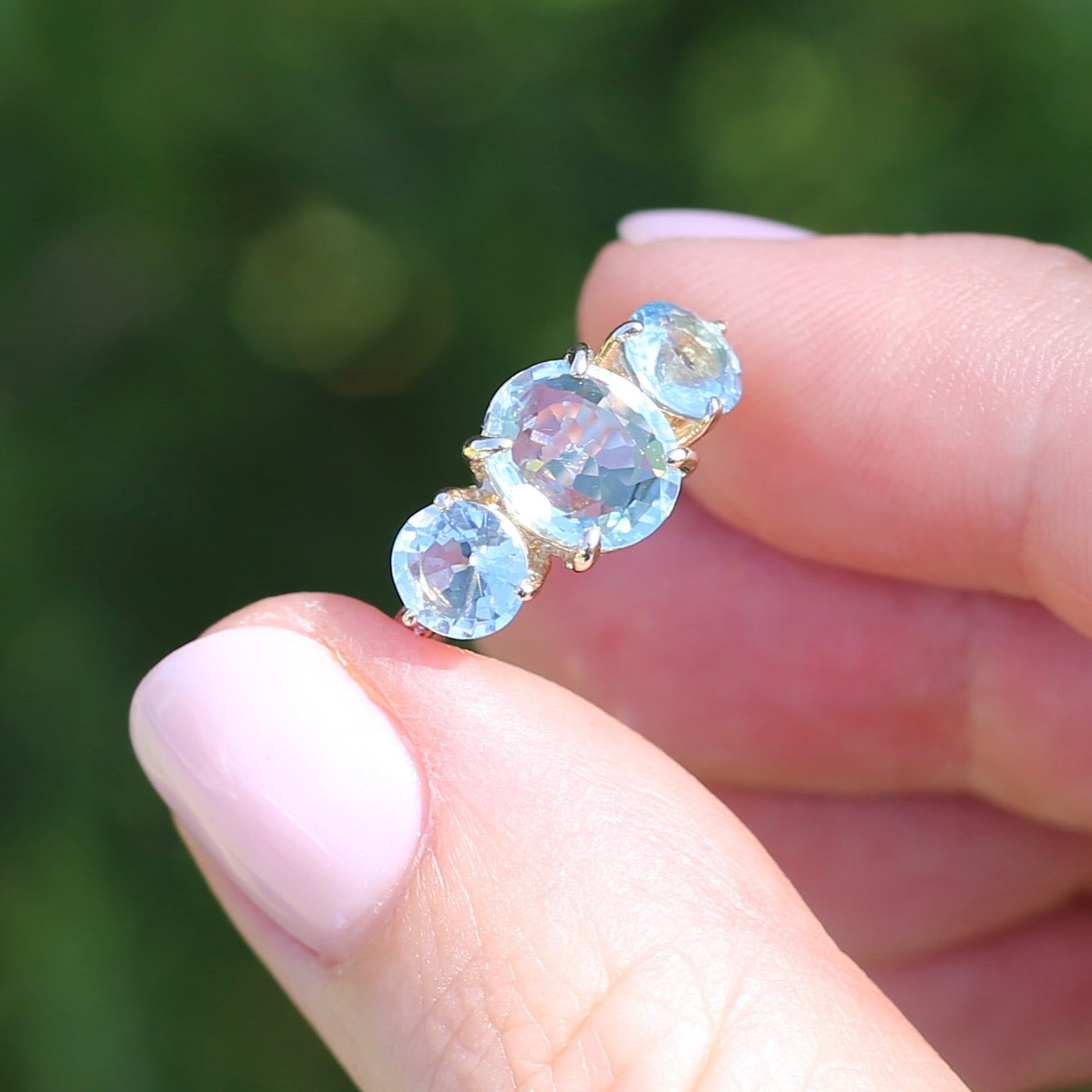 Natural Aquamarine Trilogy with Grain Set Diamond Shoulders, 9ct Yellow Gold, size 6.5 or M1/2