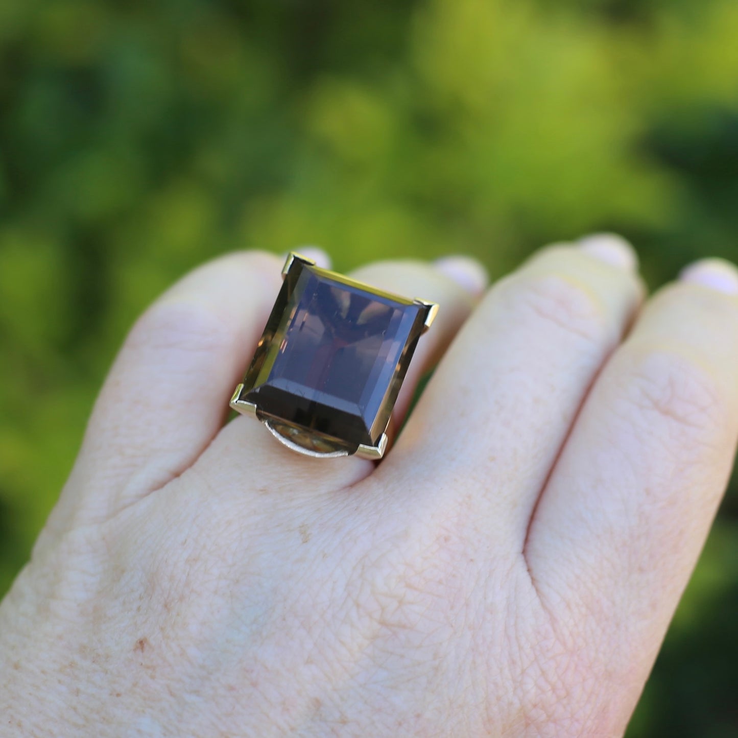 Mid Century 36ct Princess Cut Smoky Quartz Cocktail Ring, 9ct Yellow Gold, size N1/2 or 6.75