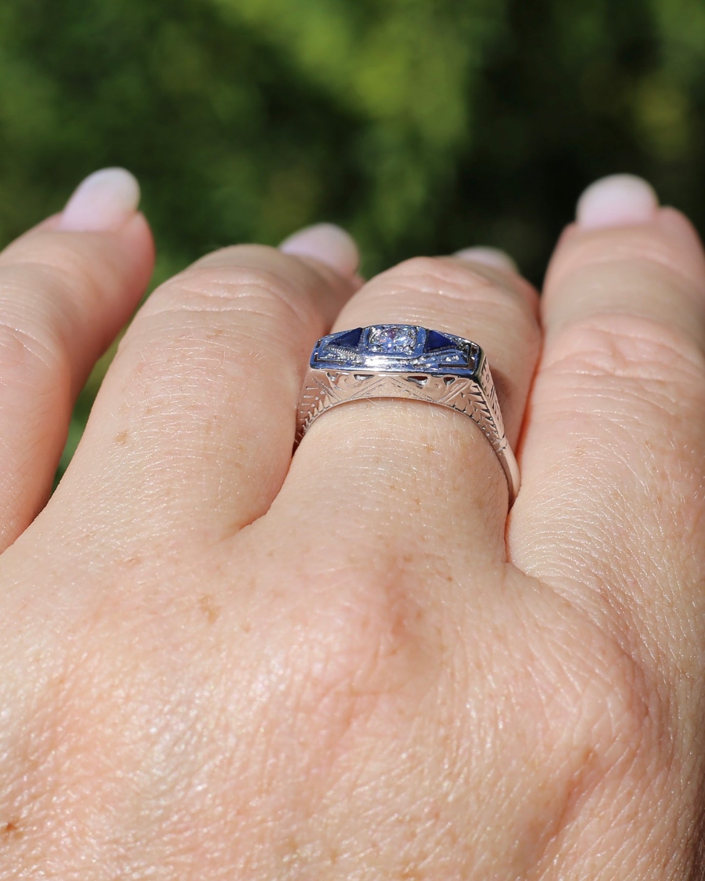 Art Deco Diamond and Sapphire Trilogy in Raised Handmade Engraved Floral Setting, 14ct White Gold, size U or 10 - offering free resize down to 7 or O, with valuation