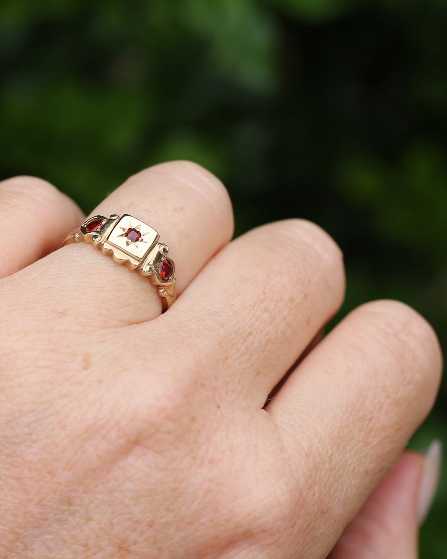 Victorian Revival Garnet Trilogy Star Set Ring, 9ct Yellow Gold, size O1/2 or just over 7.25