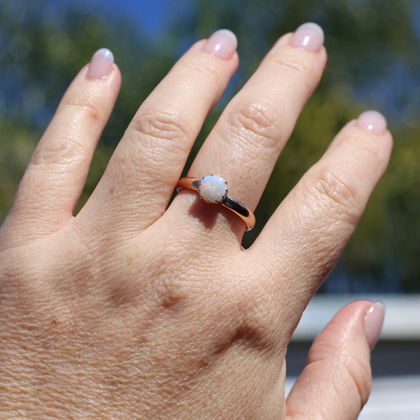 Early Australian 11 Multi Claw White Round Opal Ring, 9ct Old Rosey Gold, size 10 or U