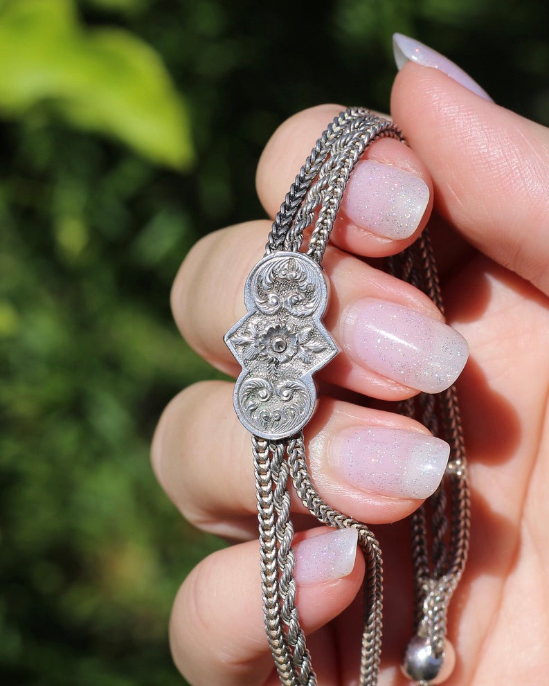 Antique 1901 Double Albertina Necklace with T-bar and Tassel, Sterling Silver, 43.75g