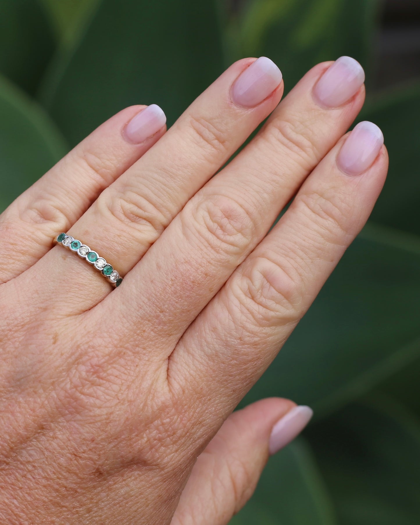 Natural Emerald and Diamond Half Hoop, 9ct Yellow and White Gold, size O or 7.25, 1.76g