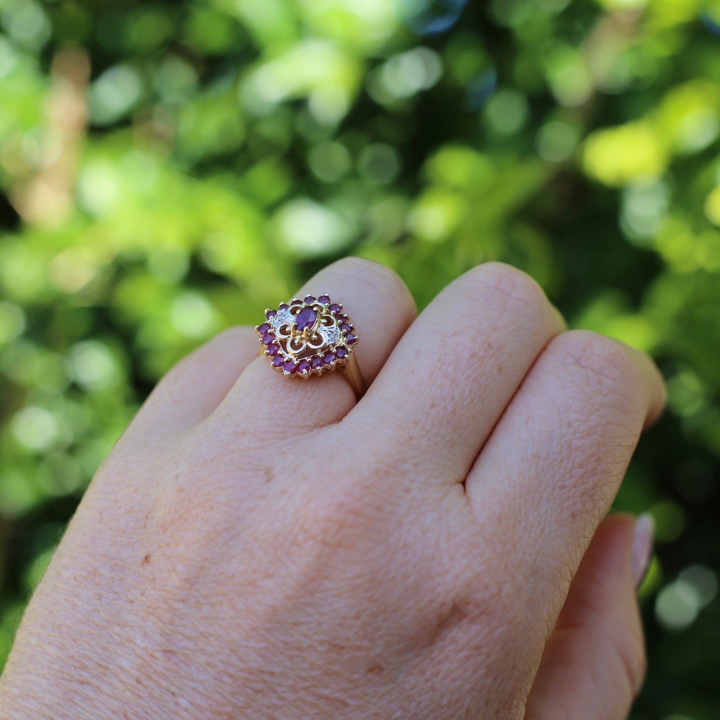 Ruby and Diamond Filigree 14ct Yellow Gold Ring, size M or just under 6.5