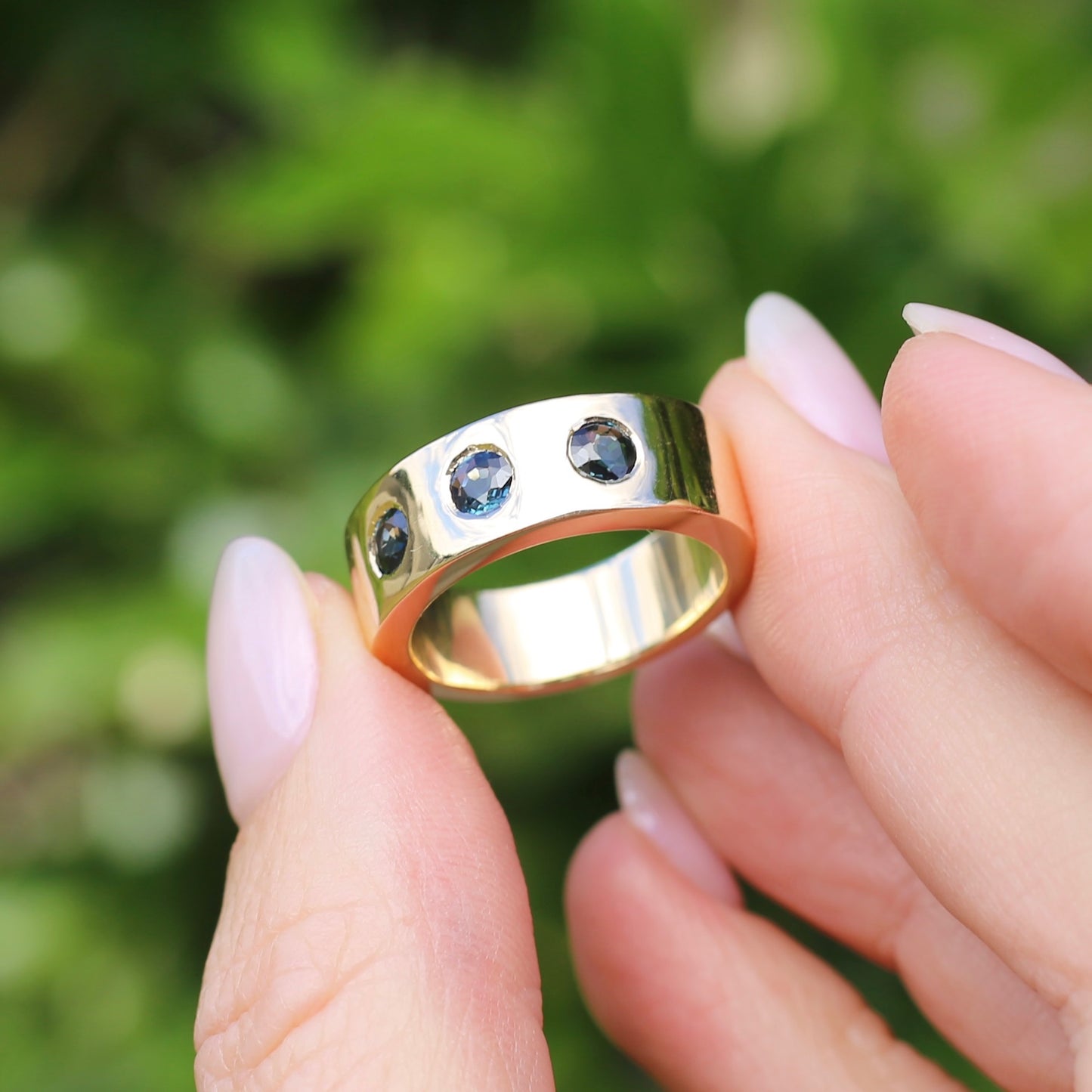 Custom Reclaimed Gold Chunky 9ct Rings with 4mm Parti Sapphires