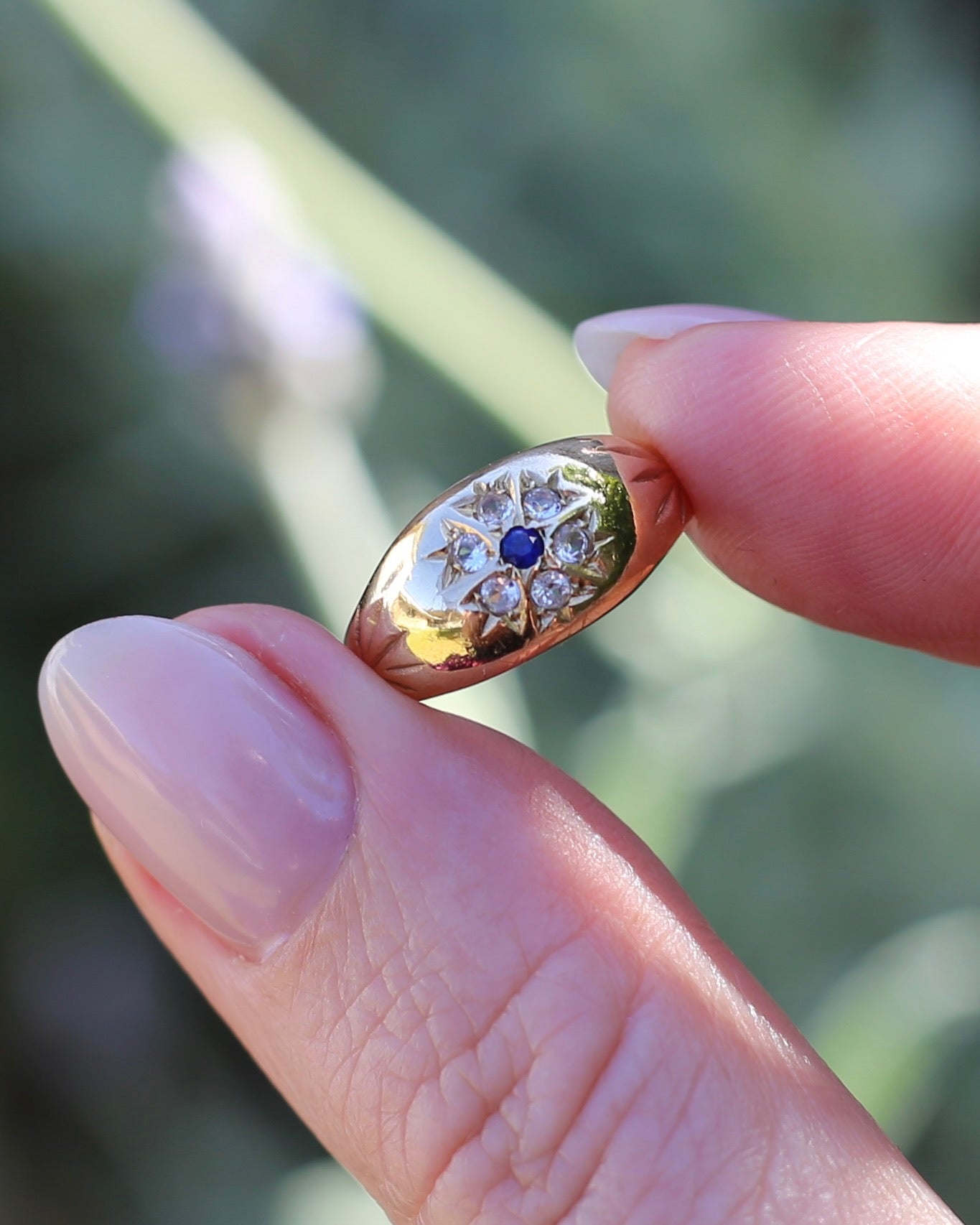 Vintage 1994 Birmingham Made Sapphire and White Stone Floral Cluster in Domed Ring, 9ct Yellow Gold, size J1/2 or 5