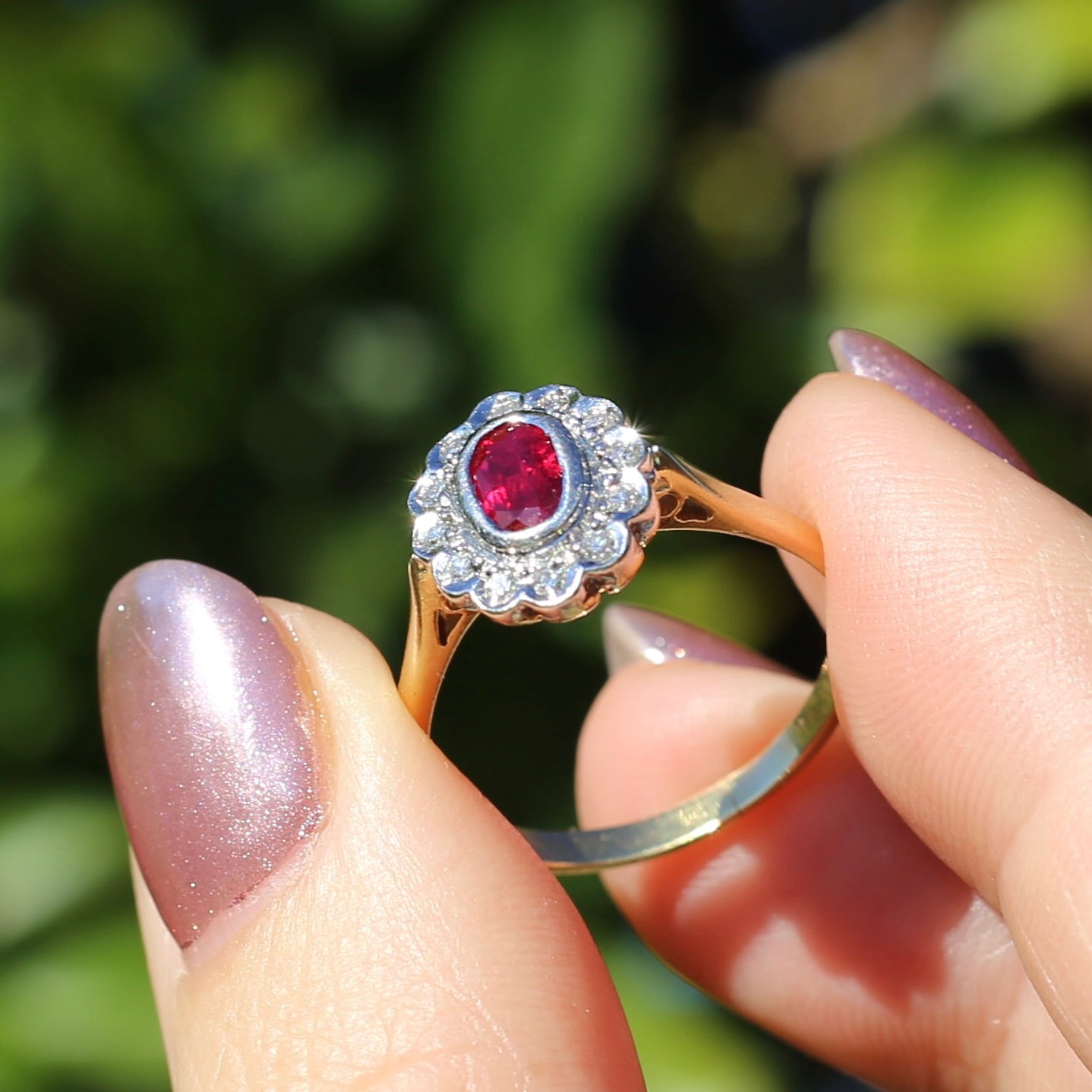 Ruby and Diamond Halo, 18ct Yellow and White Gold, size P or 7.75 with valuation