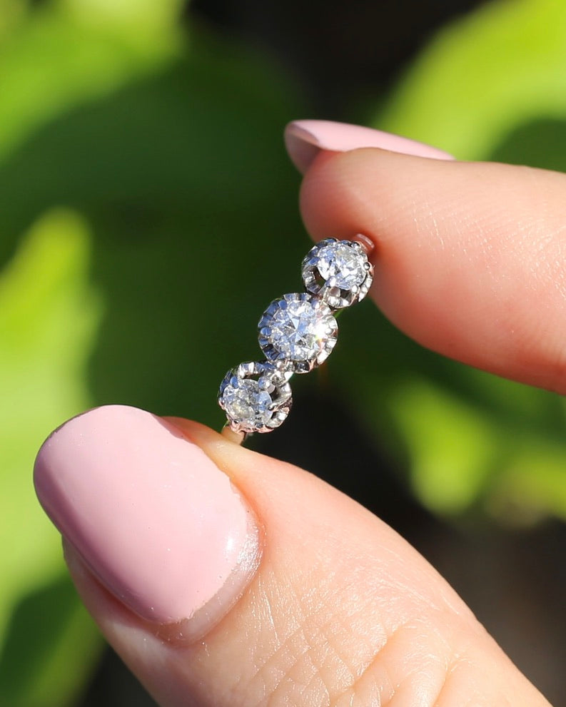 Circa 1930s Transitional Cut Diamond Trilogy with Kozibe Effect, Platinum, size L or 5.75, 2.68g, with valuation