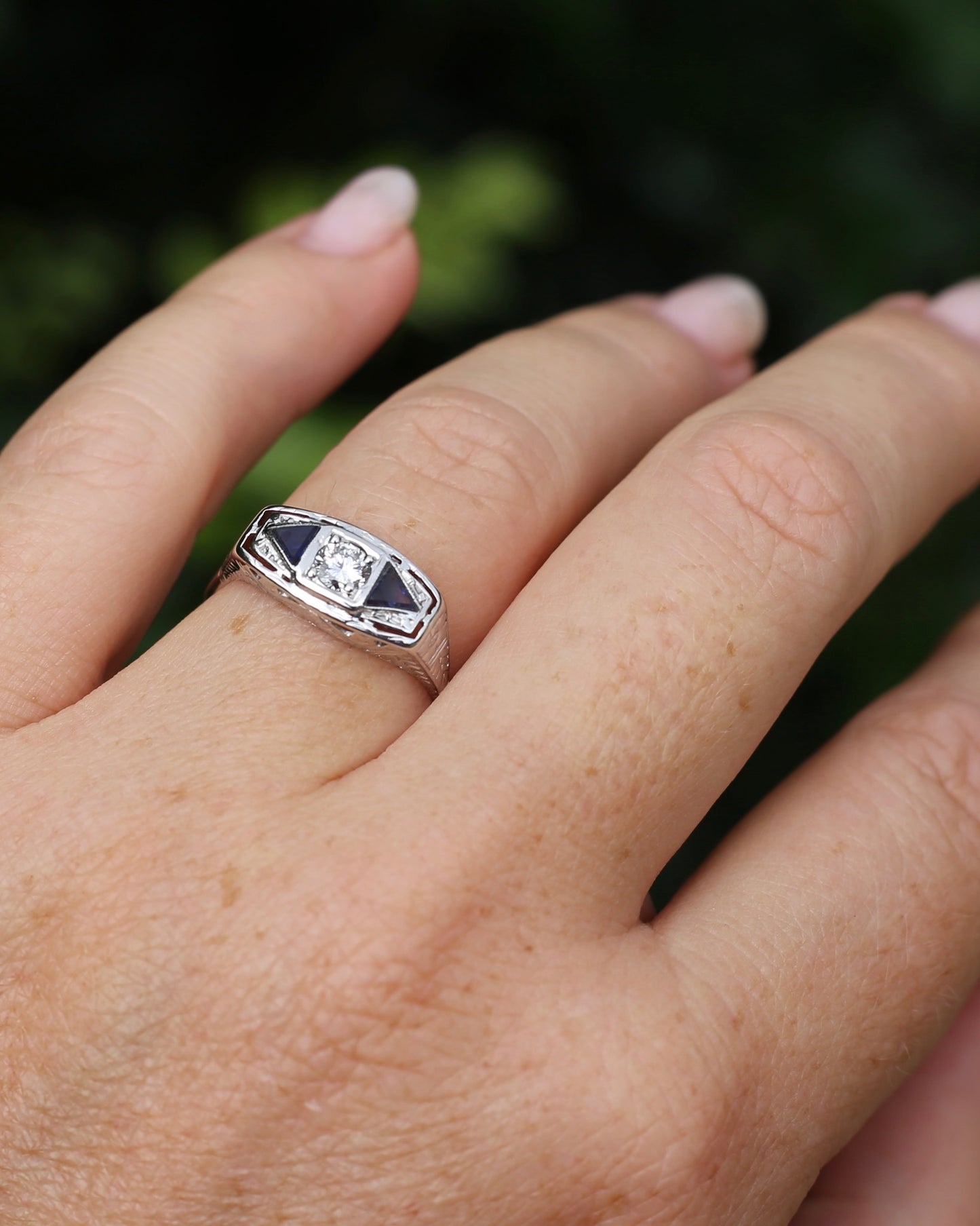 Art Deco Diamond and Sapphire Trilogy in Raised Handmade Engraved Floral Setting, 14ct White Gold, size U or 10 - offering free resize down to 7 or O, with valuation