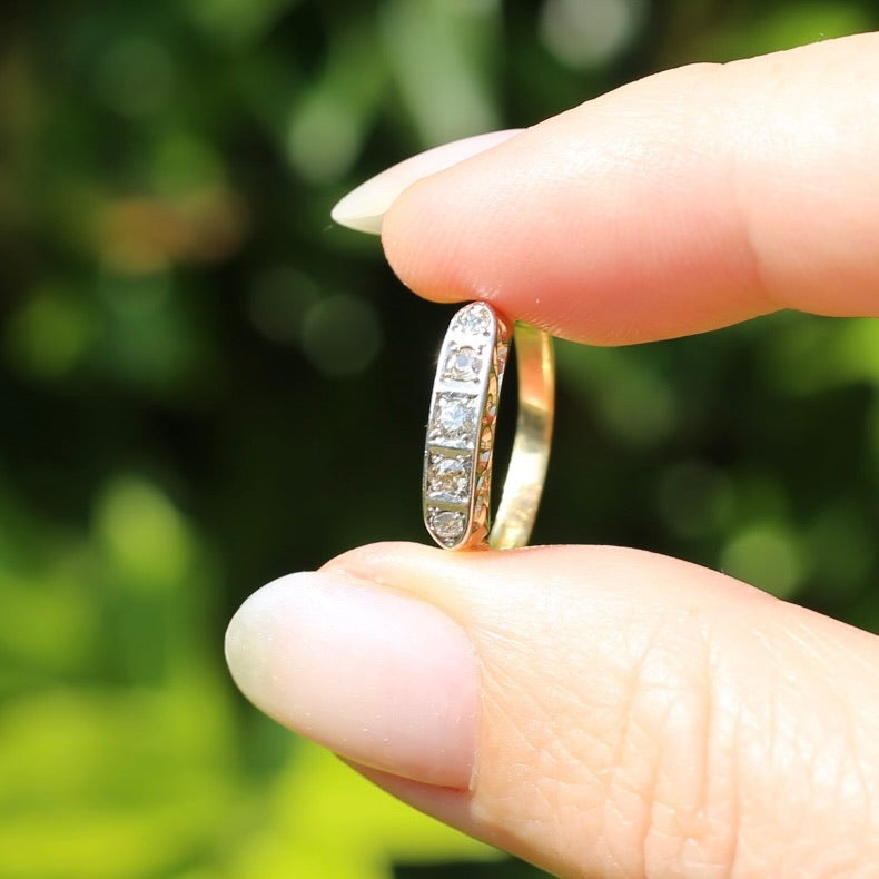 1930s Old Cut 5 Stone Diamond Ring, Platinum and 18ct Yellow Gold, size L or 5.75