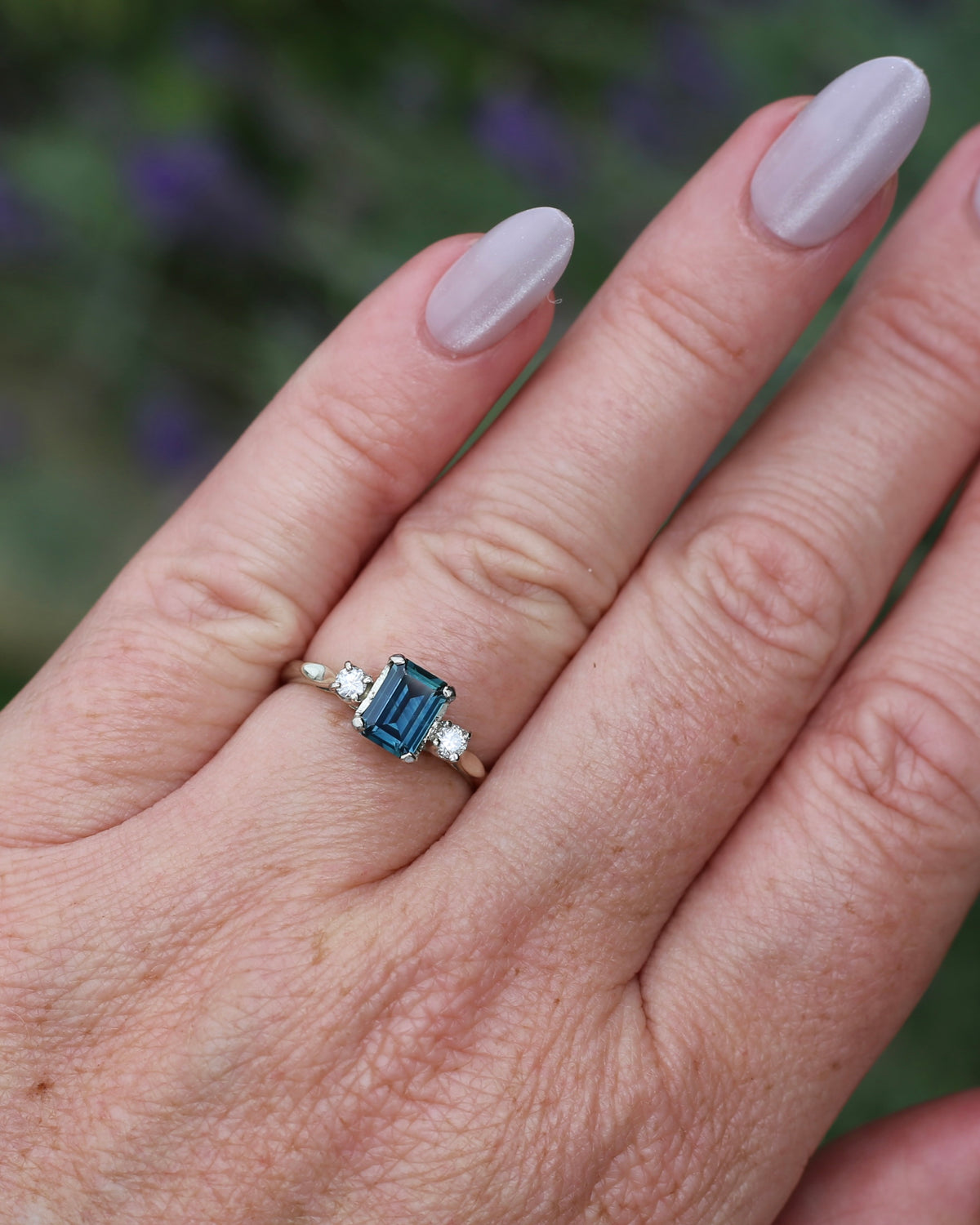 1.1ct Emerald Cut Natural Blue Teal Sapphire and Diamond Trilogy, 18ct White Gold and Platinum, size O or just over 7, 2.27g