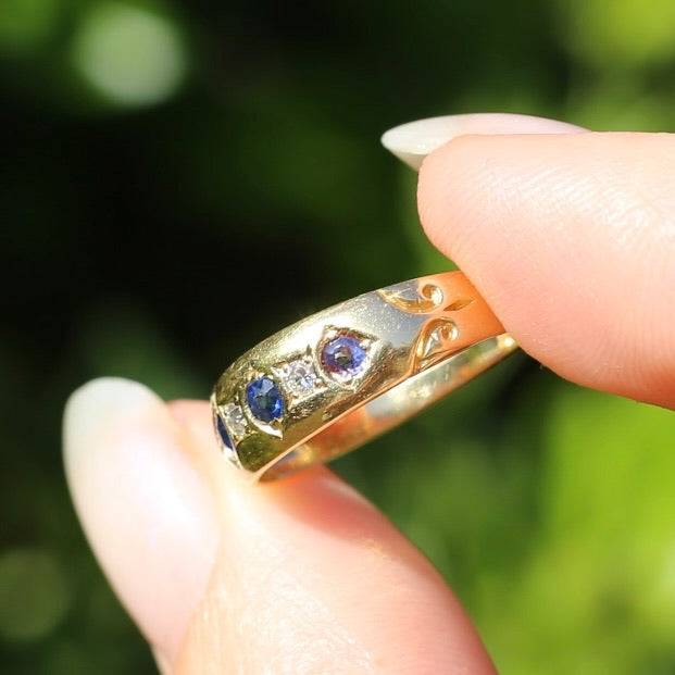 1897 Old Cut Sapphire and Diamond Five Stone Ring, 18ct Yellow Gold, size O or 7.25