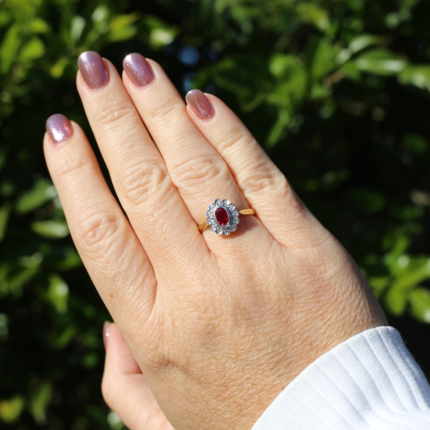 Ruby and Diamond Halo, 18ct Yellow and White Gold, size P or 7.75 with valuation