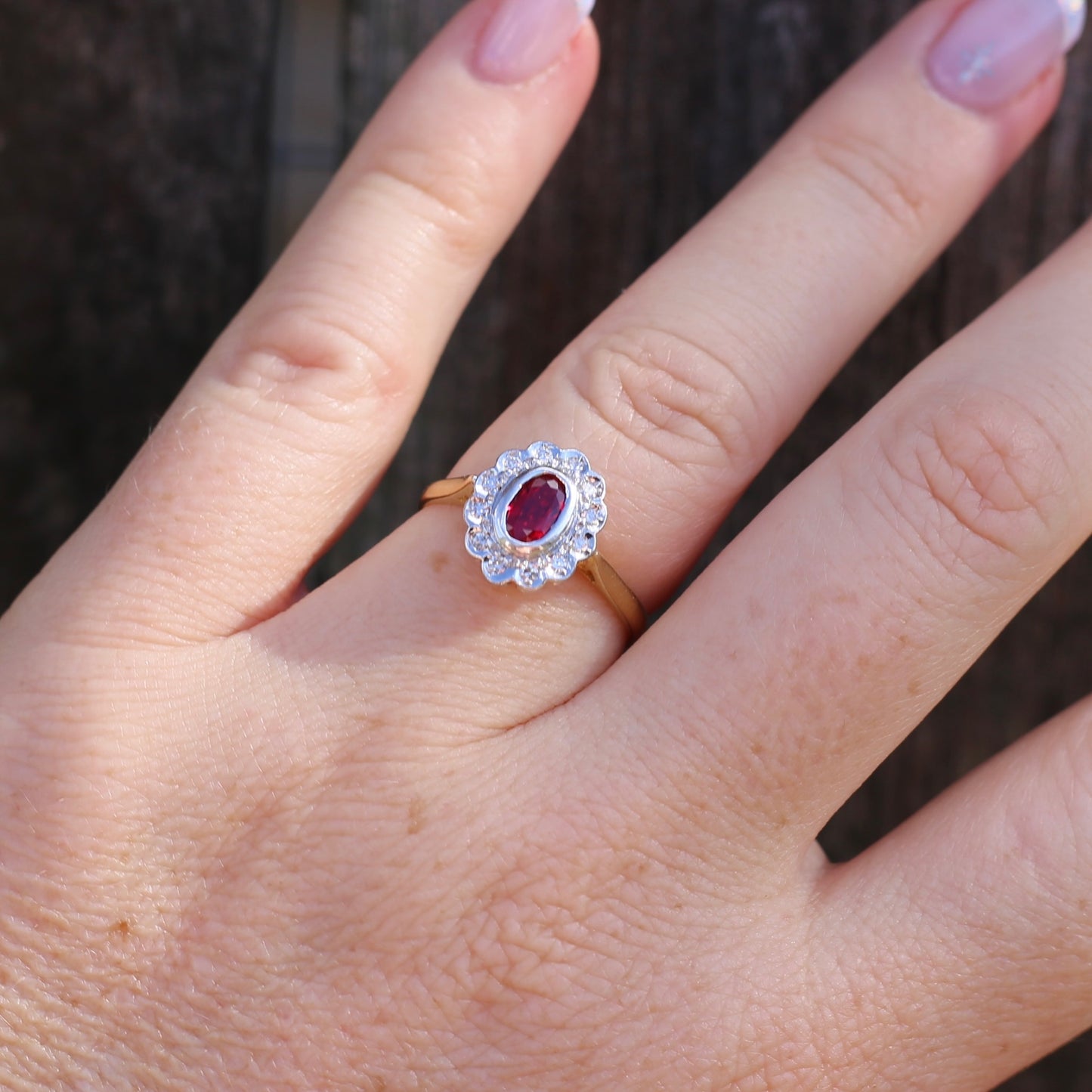 Ruby and Diamond Halo, 18ct Yellow and White Gold, size P or 7.75 with valuation