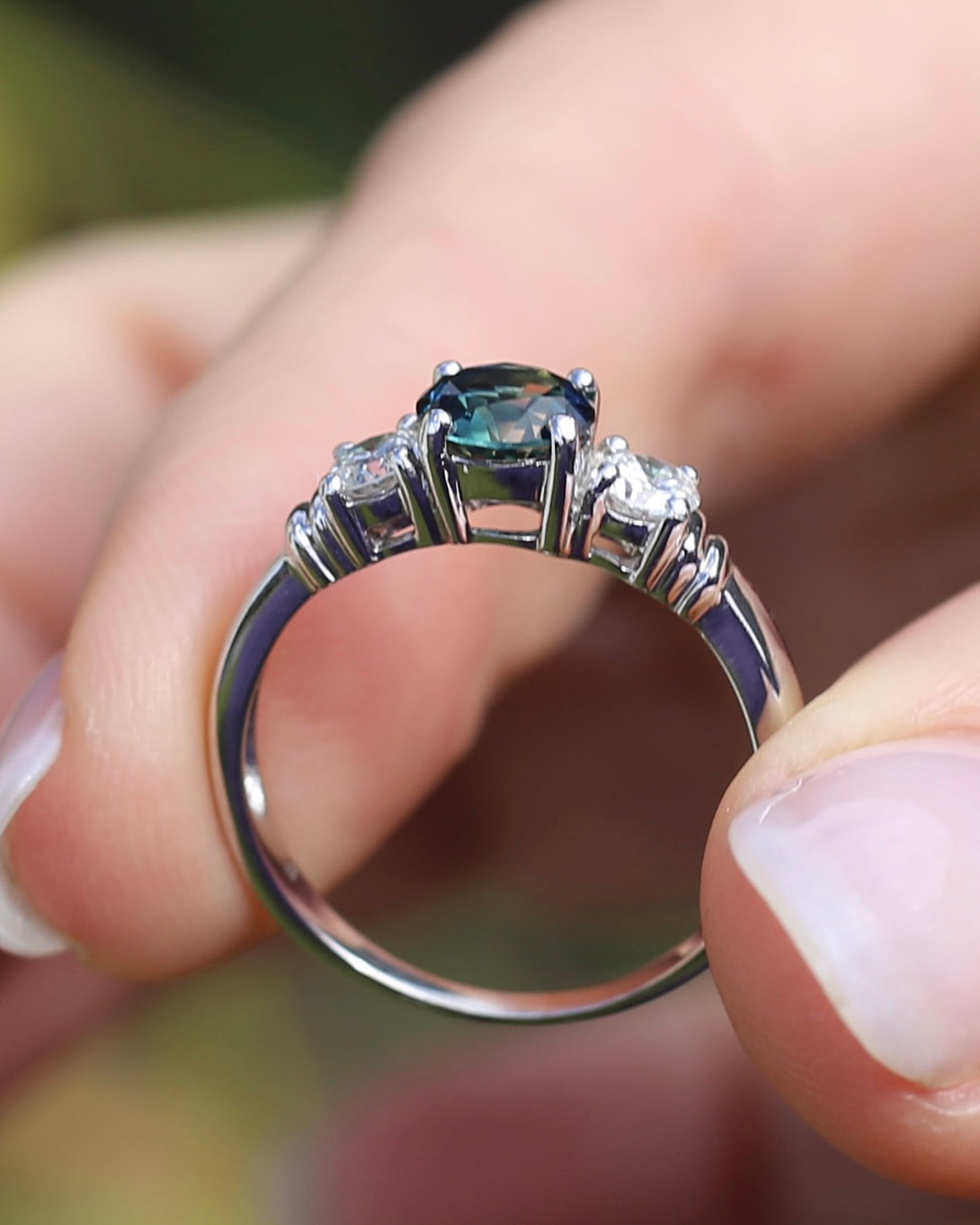 Unheated Eye Clean Parti Sapphire and Natural Diamond Trilogy, 9ct White Gold, size O1/2 or 7.5, 3.01g, with valuation