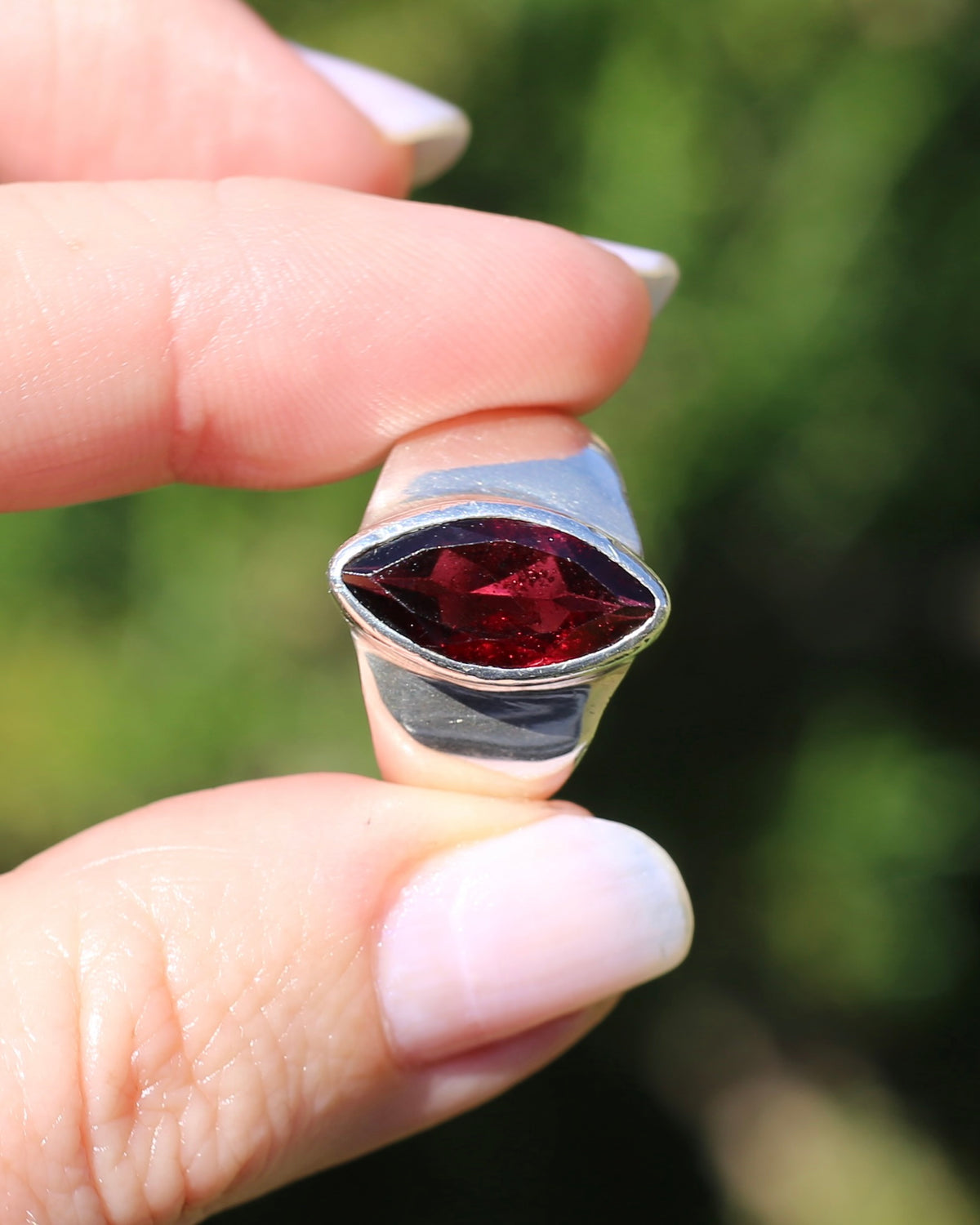 Bezel Set Marquise Garnet Ring, Sterling Silver, size R - fits more like Q-Q1/2 or 8.25, 7.65g
