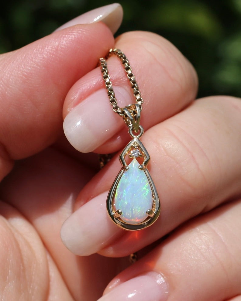 Pear Crystal Opal and Diamond Pendant, 10ct Yellow Gold, 1.5g