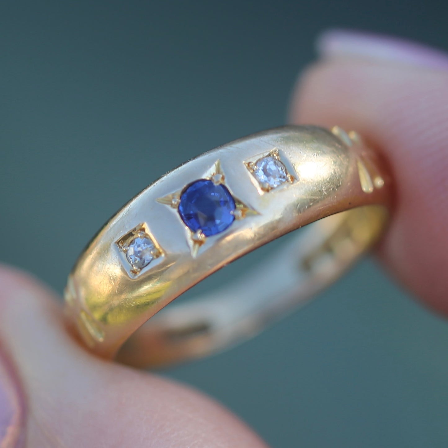 1896 Old Cut Sapphire and Diamond Gypsy Set Ring, 18ct Yellow Gold, size N or 6.75