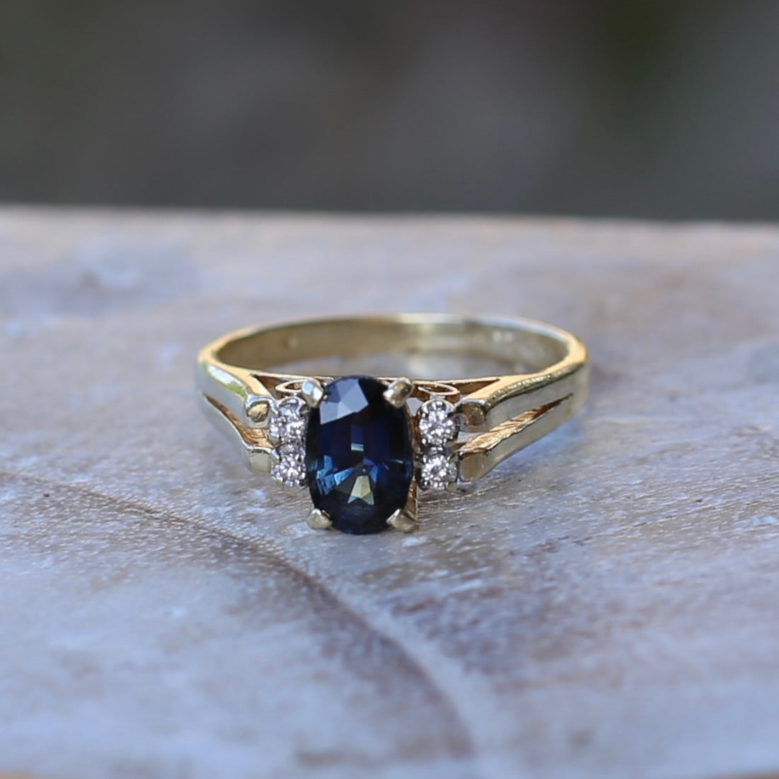 Oval Natural Blue Sapphire with Diamonds, Art Deco Feel Ring, 14ct Yellow Gold, size N or 6.75