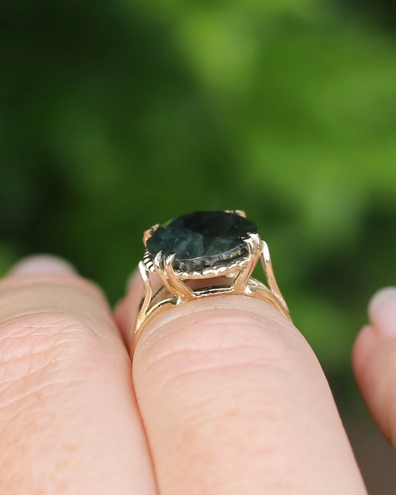 8.4ct Opaque Blue Sapphire, in Four Double Claw Filigree 9ct Yellow Gold Ring, size J or 4.75, 3.53g