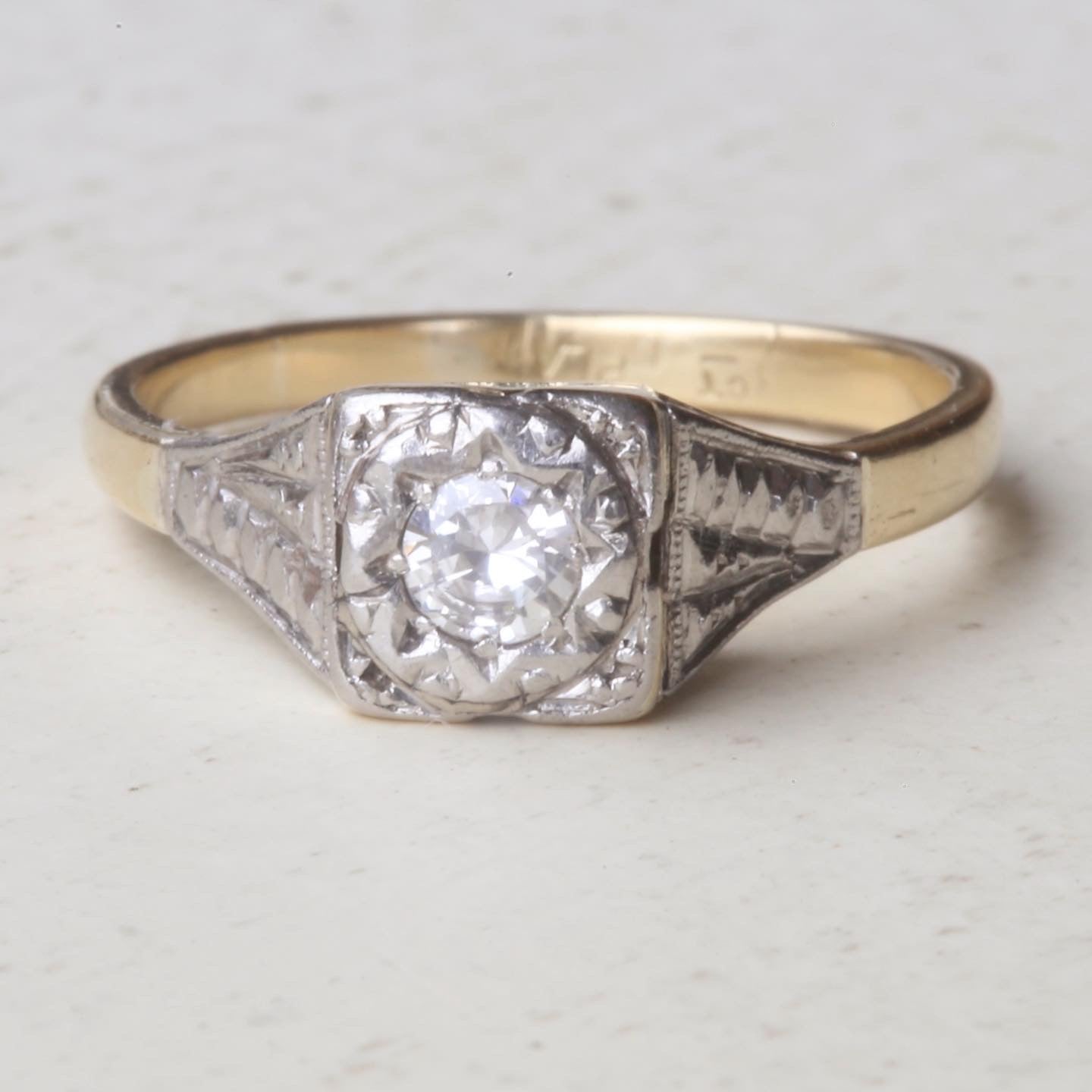 1930s Art Deco Inspired Platinum and 18ct Gold Solitaire Ring, size N or almost 6.75