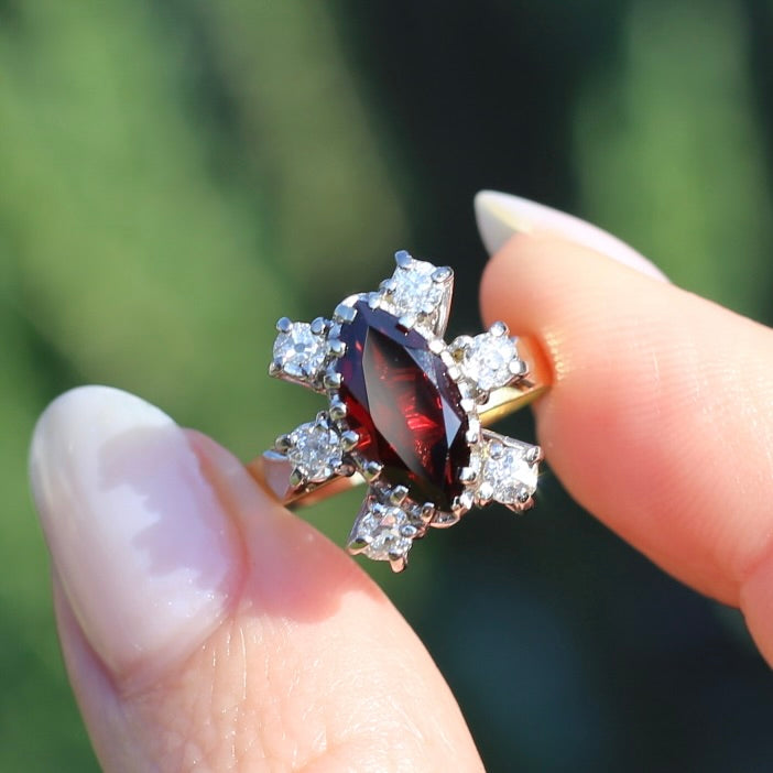 Viking feel Marquise Garnet With 6 Transitional Cut Diamonds, 18ct White and Yellow Gold, size N1/2 or 7