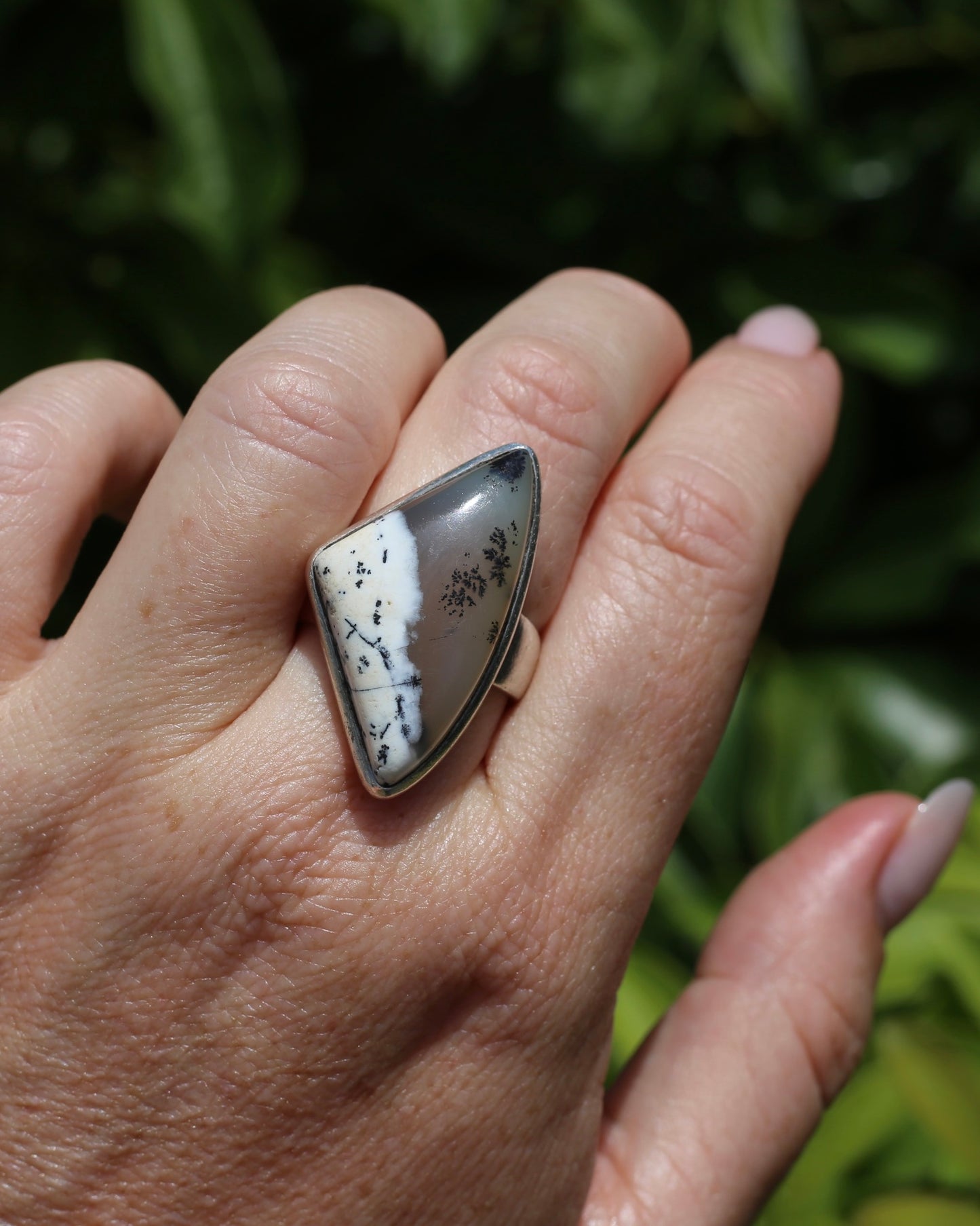 Freeform Dendritic Agate Bezel Set Ring, size T1/2 or 9.75, 14.7g