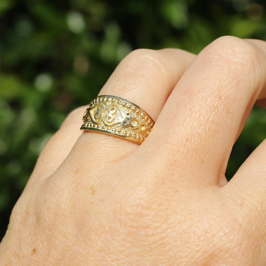 Chunky Embossed Decorative Wide Gold Ring, 14ct Yellow Gold, size N1/2 or 7