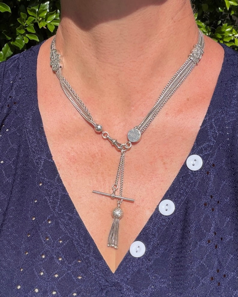 Antique 1901 Double Albertina Necklace with T-bar and Tassel, Sterling Silver, 43.75g