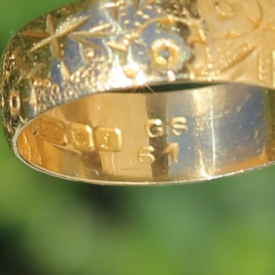 1964 22ct Half Round Band with Crisp Floral Engravings, size U1/2 ot 10.5 (fits about T1/2 or 9.75)