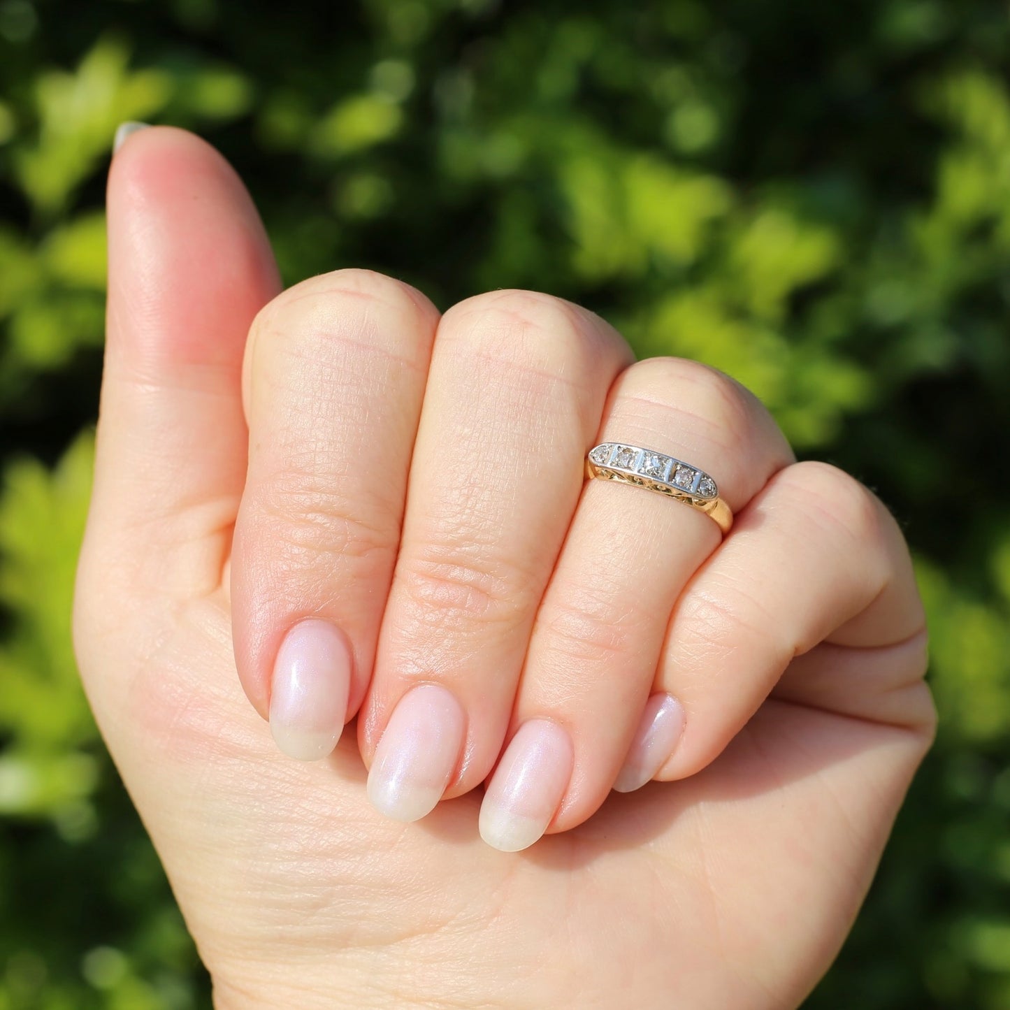 1930s Old Cut 5 Stone Diamond Ring, Platinum and 18ct Yellow Gold, size L or 5.75