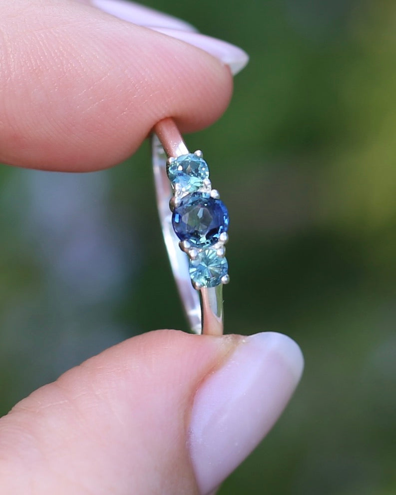 0.85ct Natural Parti Sapphire Trilogy Ring, Sterling Silver, size Q or 8.25, 1.98g