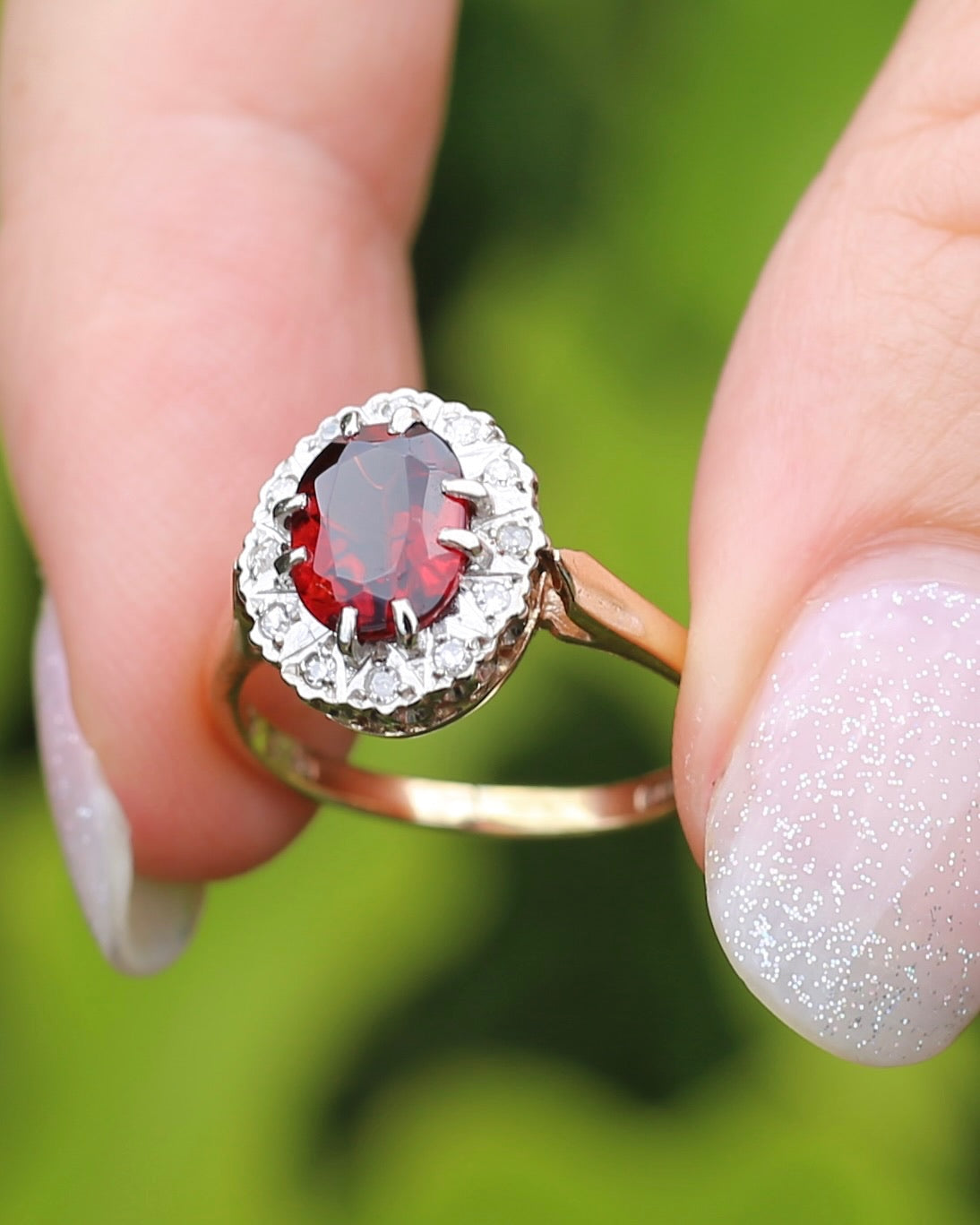 1974 Made Garnet and Diamond Halo Ring, 9ct Yellow and White Gold, size M1/2 or 6.5, 2.83g
