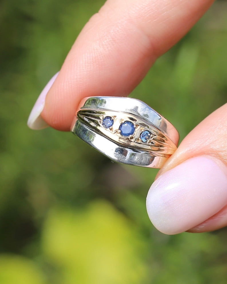 Mixed Metal Wide Band Featuring 3 Rubyvale Sapphires Mined in 1992, Sterling Silver and 14ct Yellow Gold, size O or just over 7 (fits more like an M1/2 or N), 6.81g