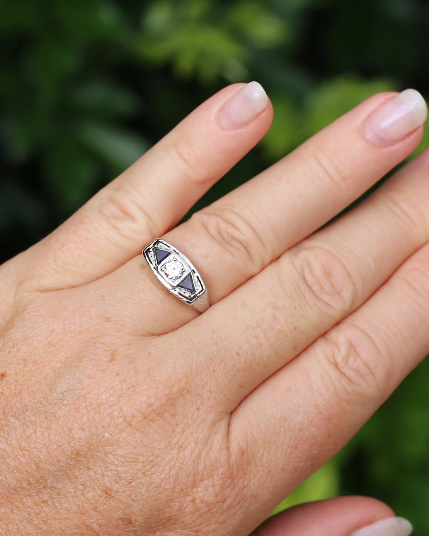 Art Deco Diamond and Sapphire Trilogy in Raised Handmade Engraved Floral Setting, 14ct White Gold, size U or 10 - offering free resize down to 7 or O, with valuation