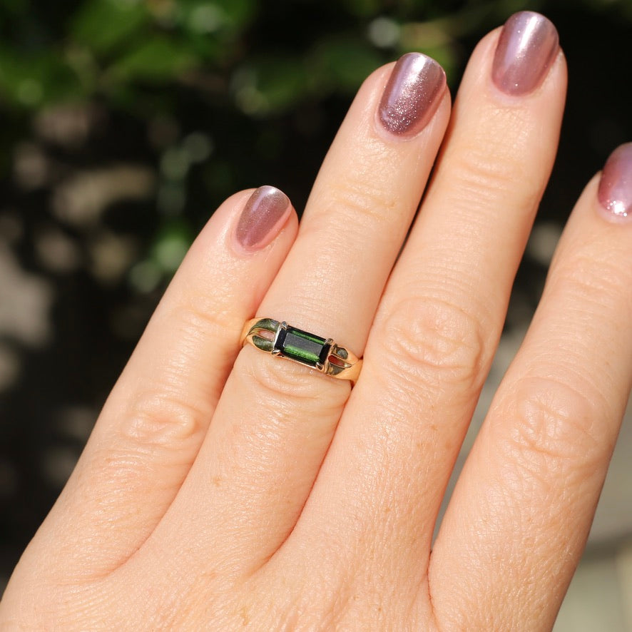 East West Set Emerald Cut Dark Green Natural Tourmaline Ring, 9ct Yellow Gold, size L or 5.75