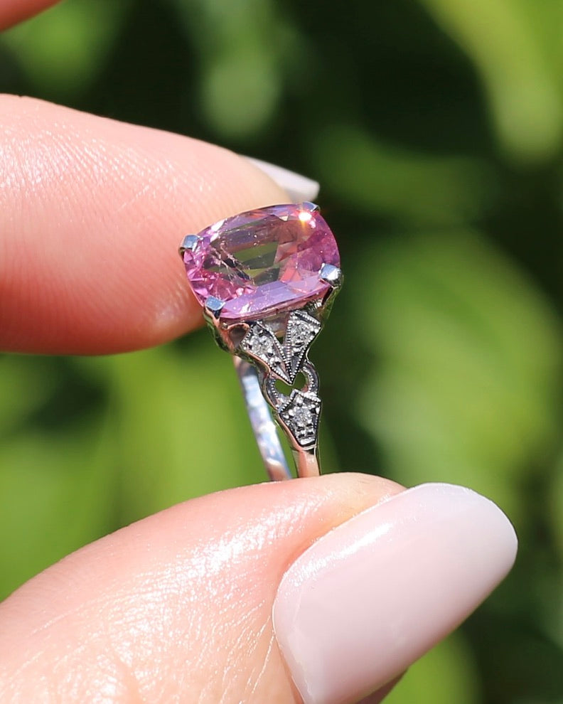 Pale Pink Tourmaline and Old Cut Diamond Shoulder Ring, 18ct White Gold and Platinum, size N or 6.75, 2.63g