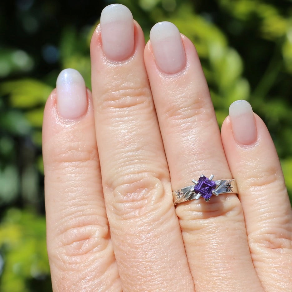 Retro 1970s Emerald Cut Purple Sapphire Ring, Sterling Silver, size M or 6