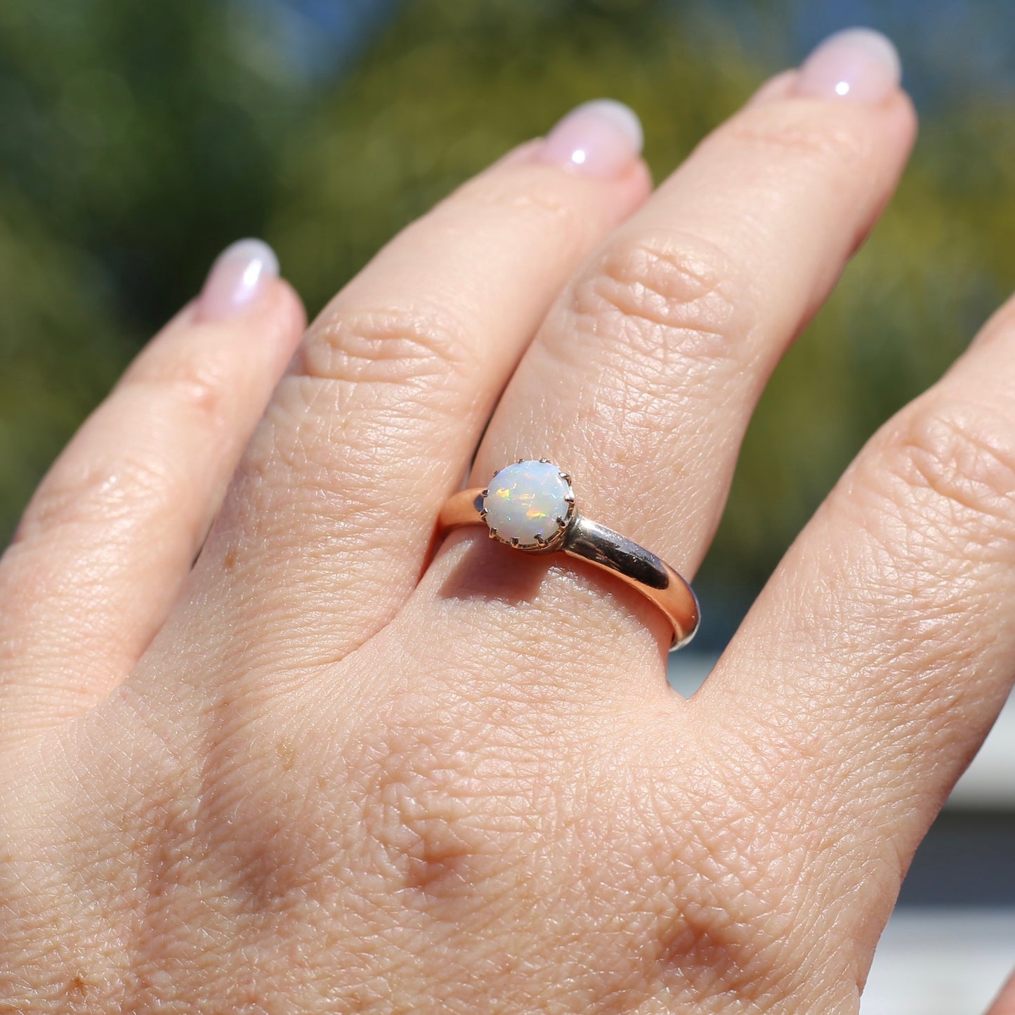 Early Australian 11 Multi Claw White Round Opal Ring, 9ct Old Rosey Gold, size 10 or U