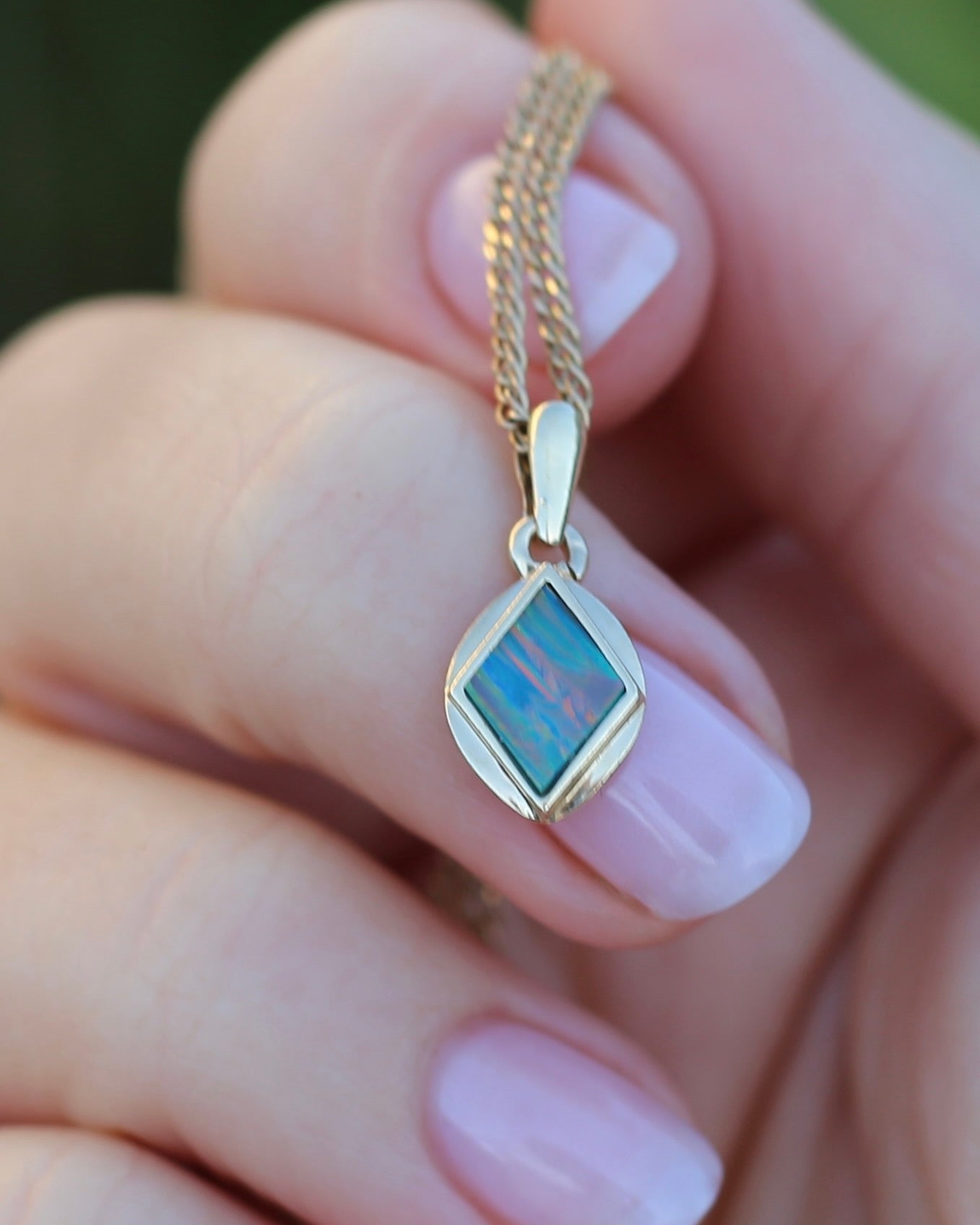 Bezel Set Solid Opal Diamond Shaped Pendant, 14ct Yellow Gold, 0.88g