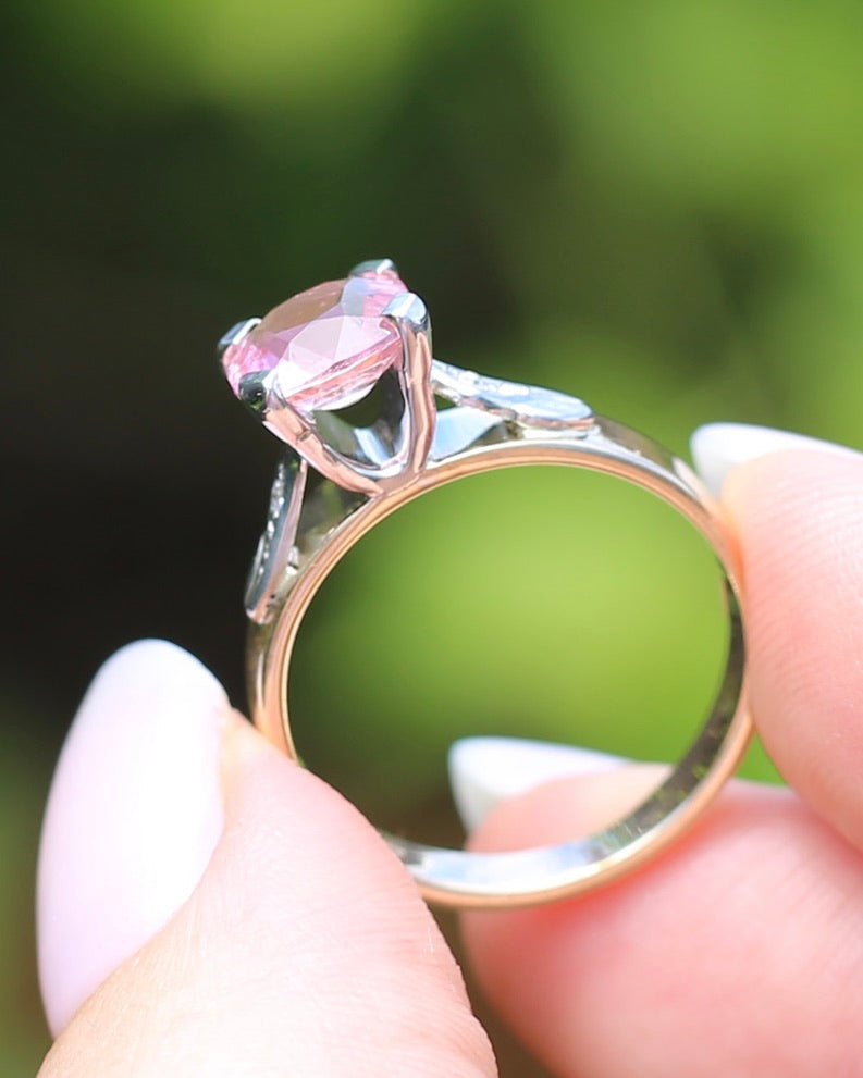 1.62ct Natural Pink Tourmaline in 1970s Mixed Metal Setting with Diamond Side Stones, size P or 7.5, 4.34g