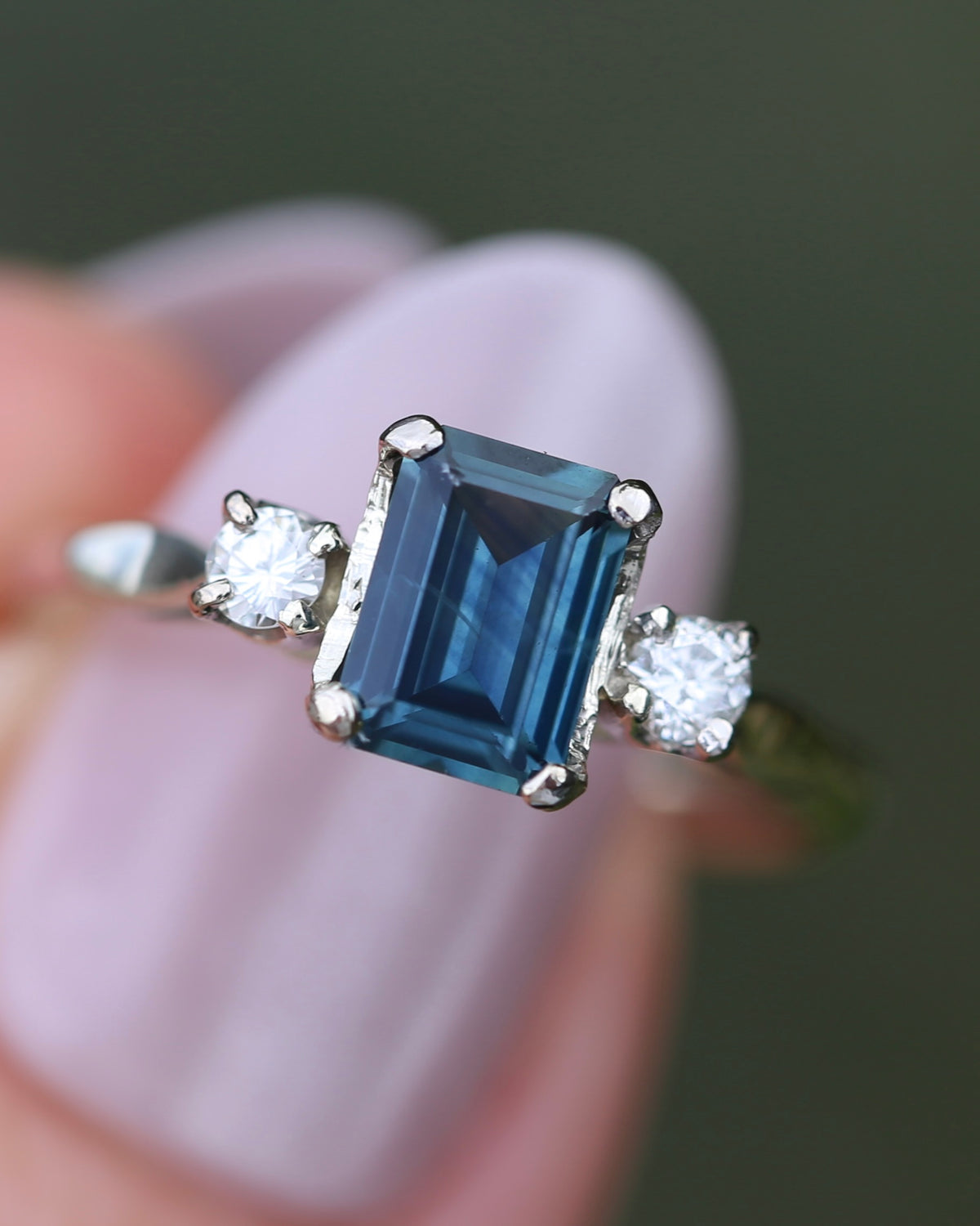 1.1ct Emerald Cut Natural Blue Teal Sapphire and Diamond Trilogy, 18ct White Gold and Platinum, size O or just over 7, 2.27g