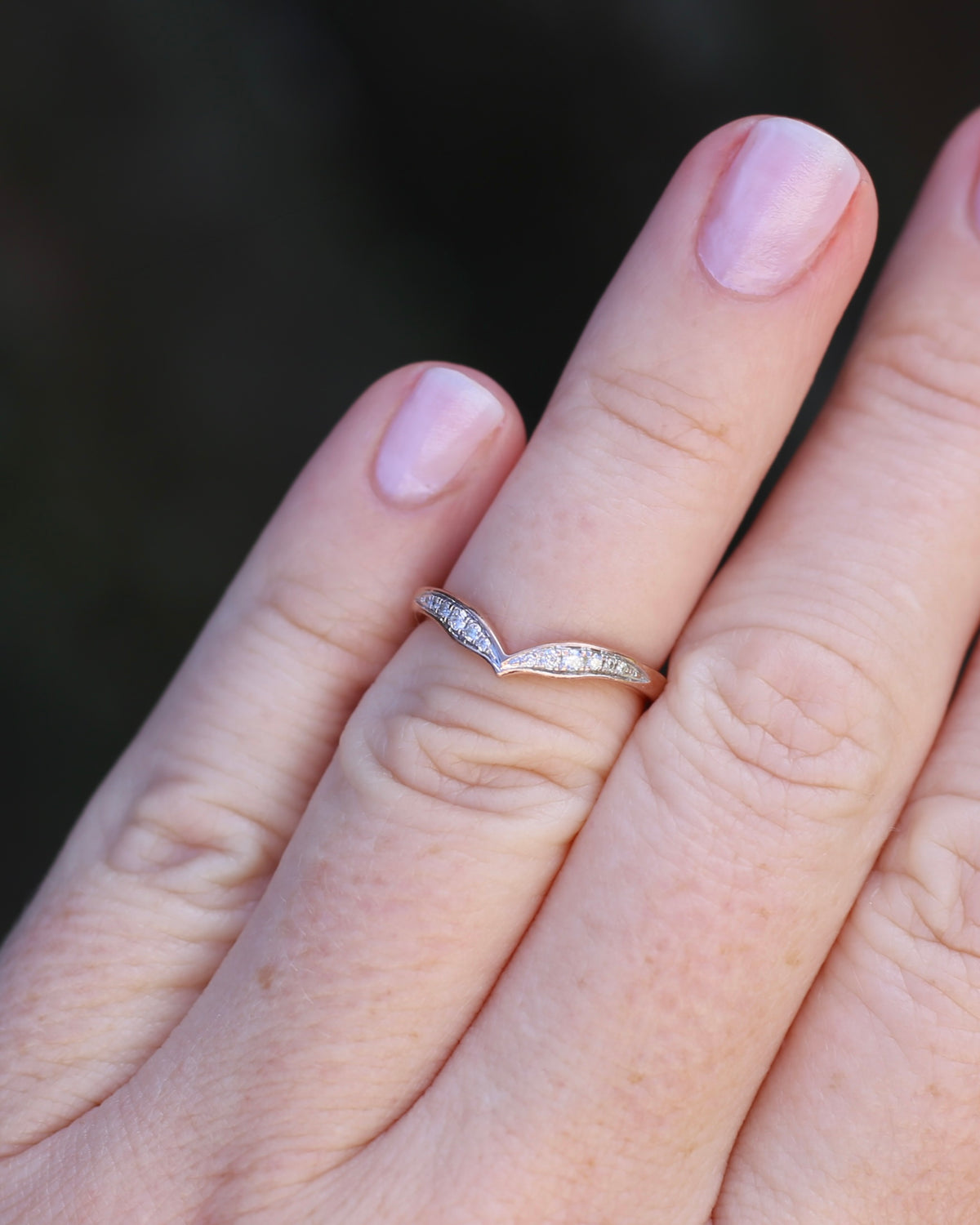 Bead Set Natural Diamond Wishbone Ring, 9ct Rose Gold, size J or 4.75, 1.7g