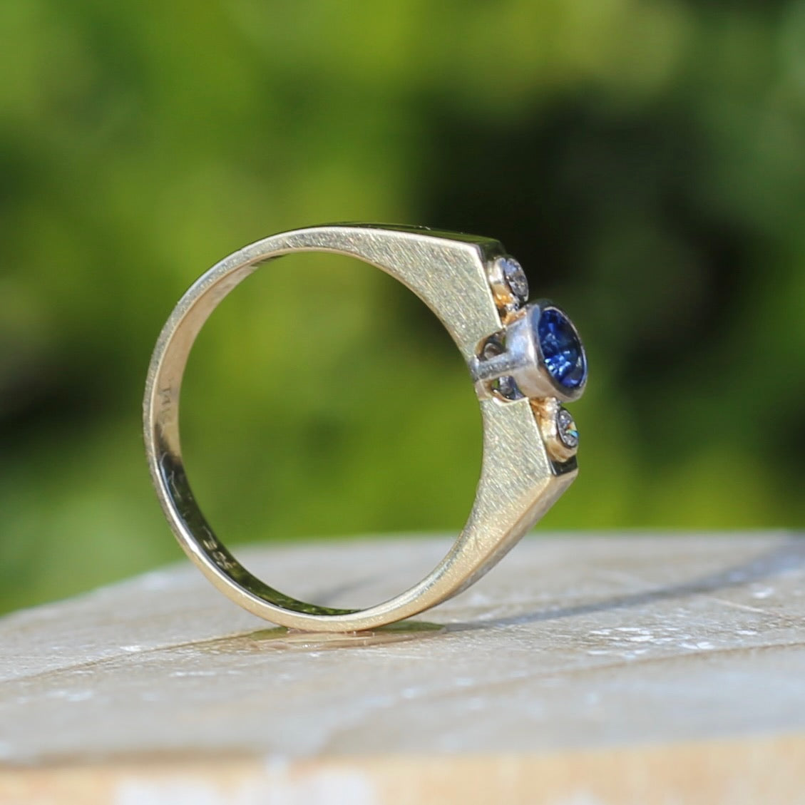 Bezel Set Sapphire and Diamond Trilogy Ring, 14ct Yellow and White Gold, size O1/2 or just over 7.25