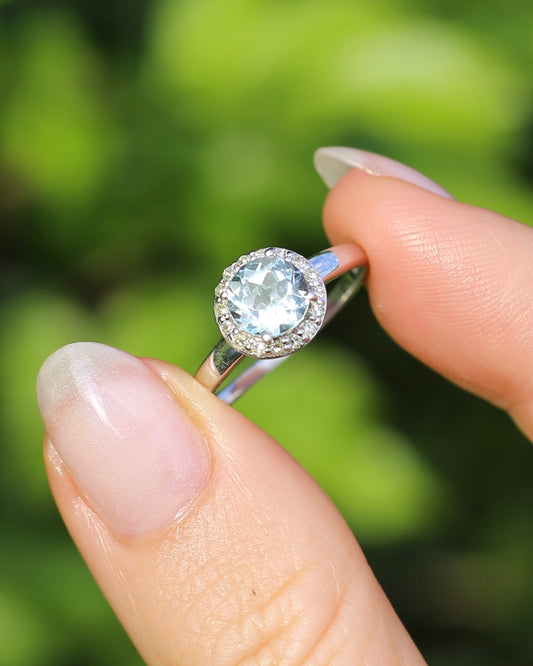 Vintage 1.25ct Aquamarine and Single Cut Diamond Halo, 9ct White Gold, size P or 7.75