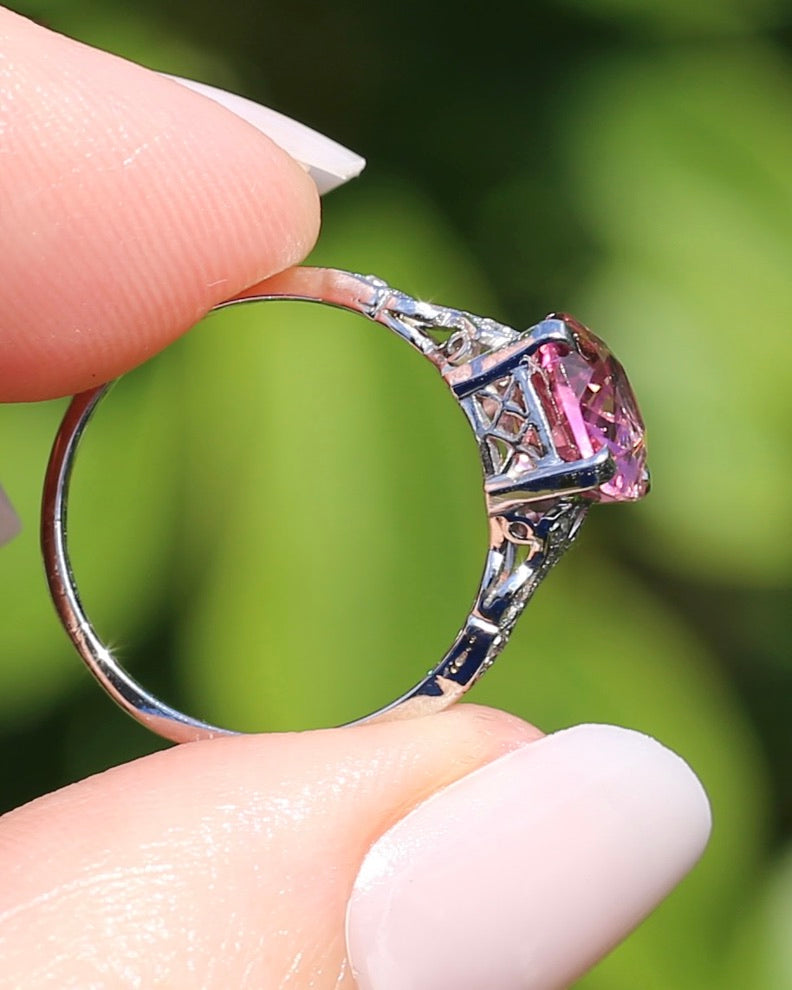 Pale Pink Tourmaline and Old Cut Diamond Shoulder Ring, 18ct White Gold and Platinum, size N or 6.75, 2.63g