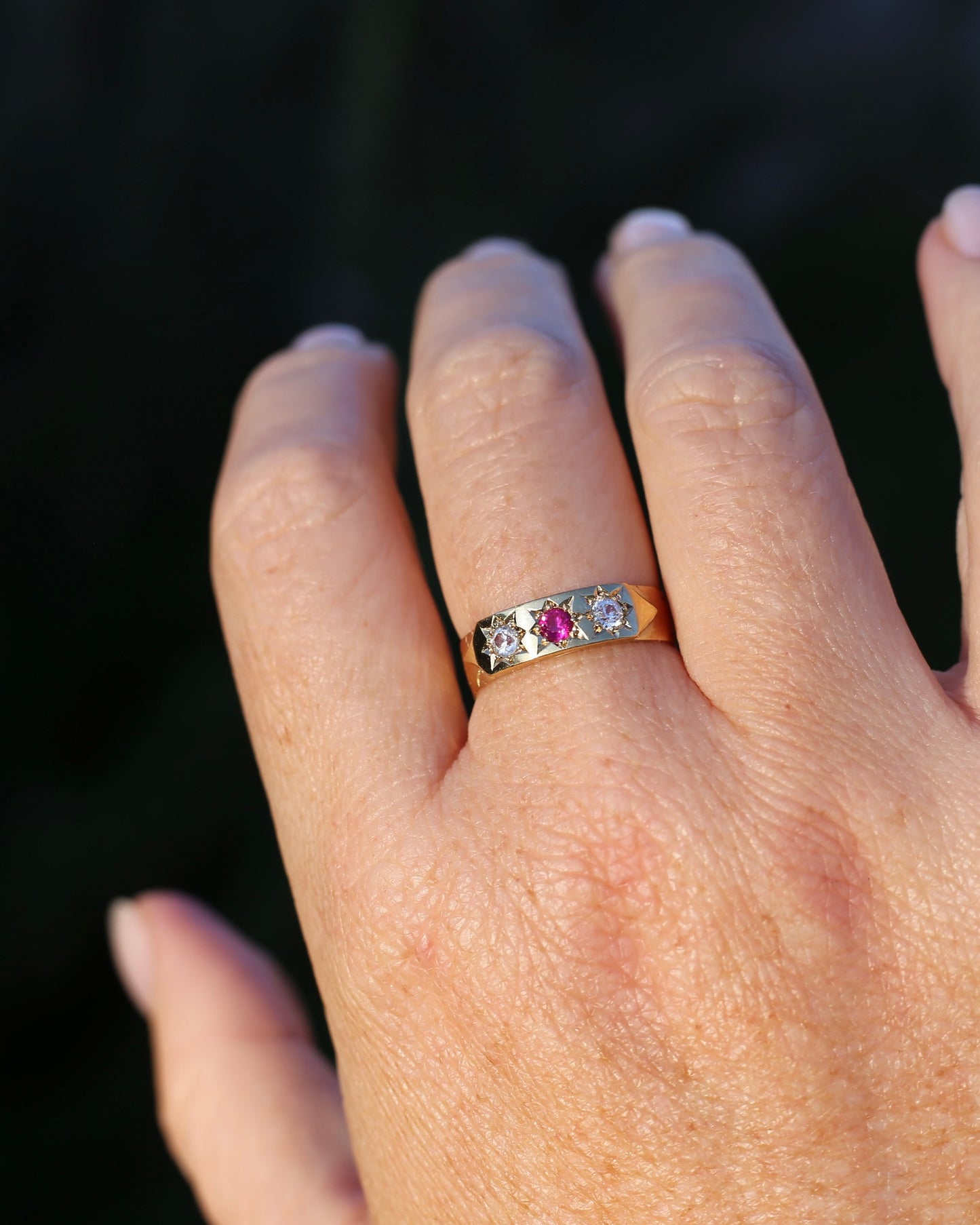 1873 15ct Band with 18ct Trilogy Old Cut Star Set Addition, 15 & 18ct Gold, size R1/2 or 8.75 (fits slightly smaller)