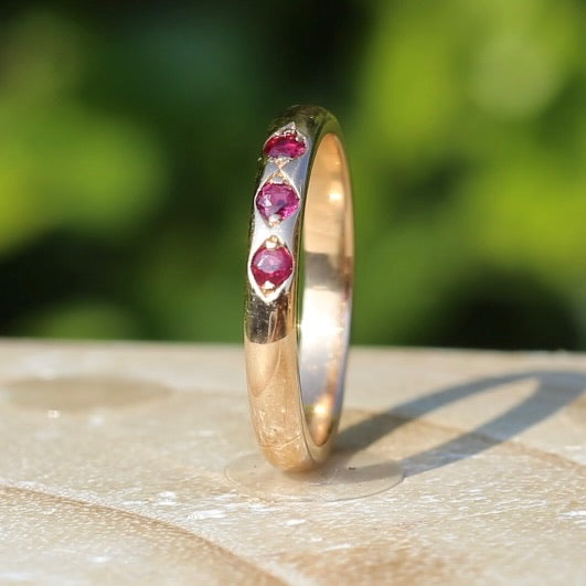 Grain Set Garnet Trilogy, 9ct Rosey Gold, size N or 6.75