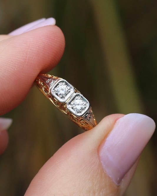 Circa 1910 Antique Toi Et Moi Transitional Cut Diamond Ring, 18ct Yellow Gold and Platinum, size N or just over 6.5, 2.42g, with valuation